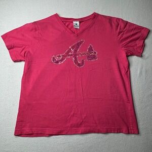 Atlanta Braves Soft As A Grape Pink Sequin A Logo V Neck T Shirt Women's‎ Size L